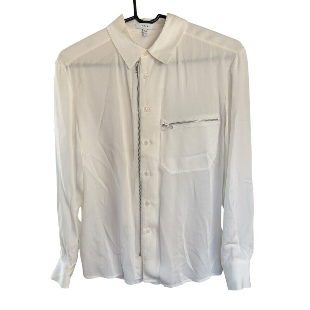 Reiss Caro Utility Shirt White Button Up Full Zip Blouse Sz 2 Classic Career